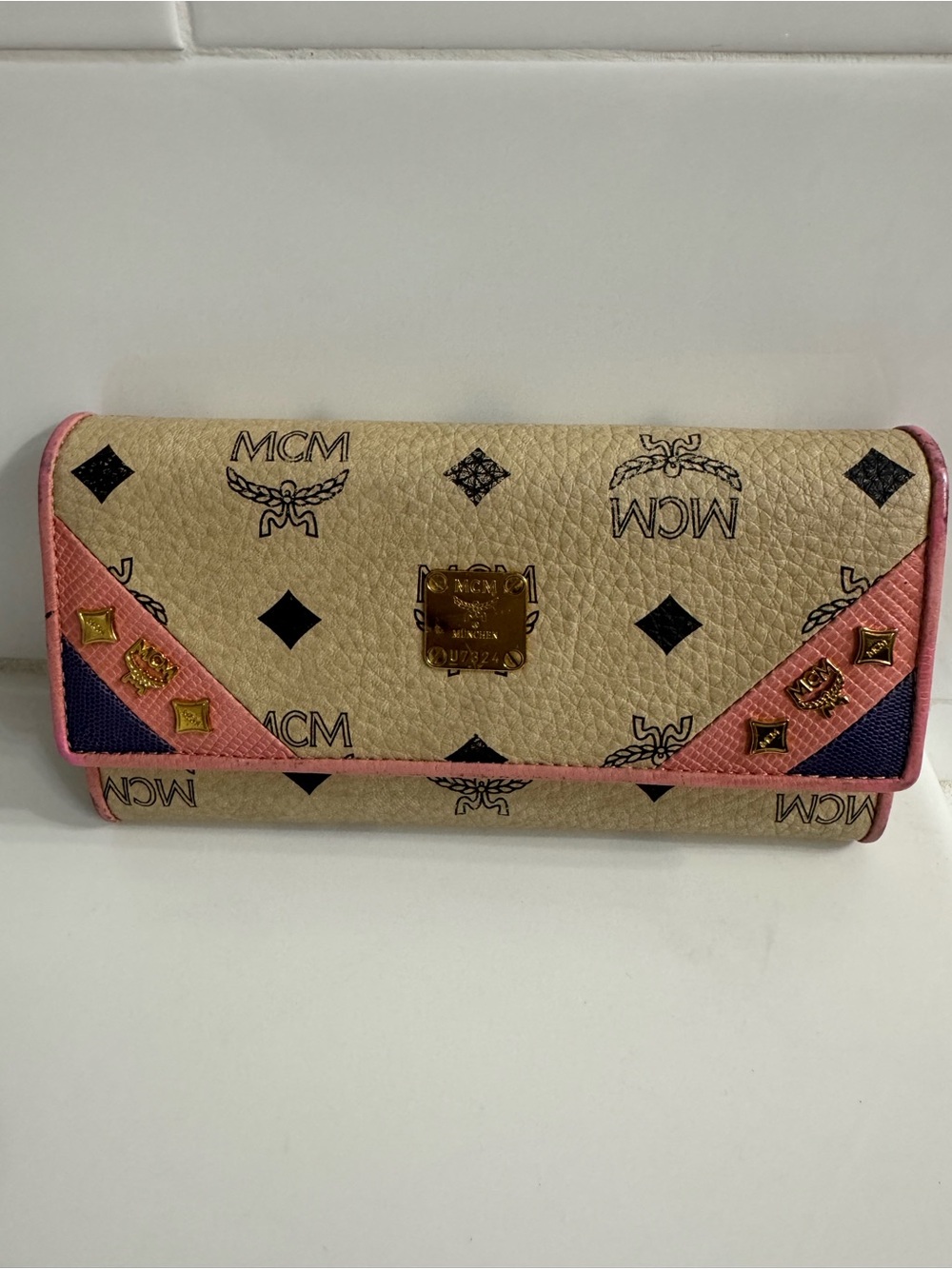MCM Beige Visetos Wallet with Pink Trim and Navy Accents